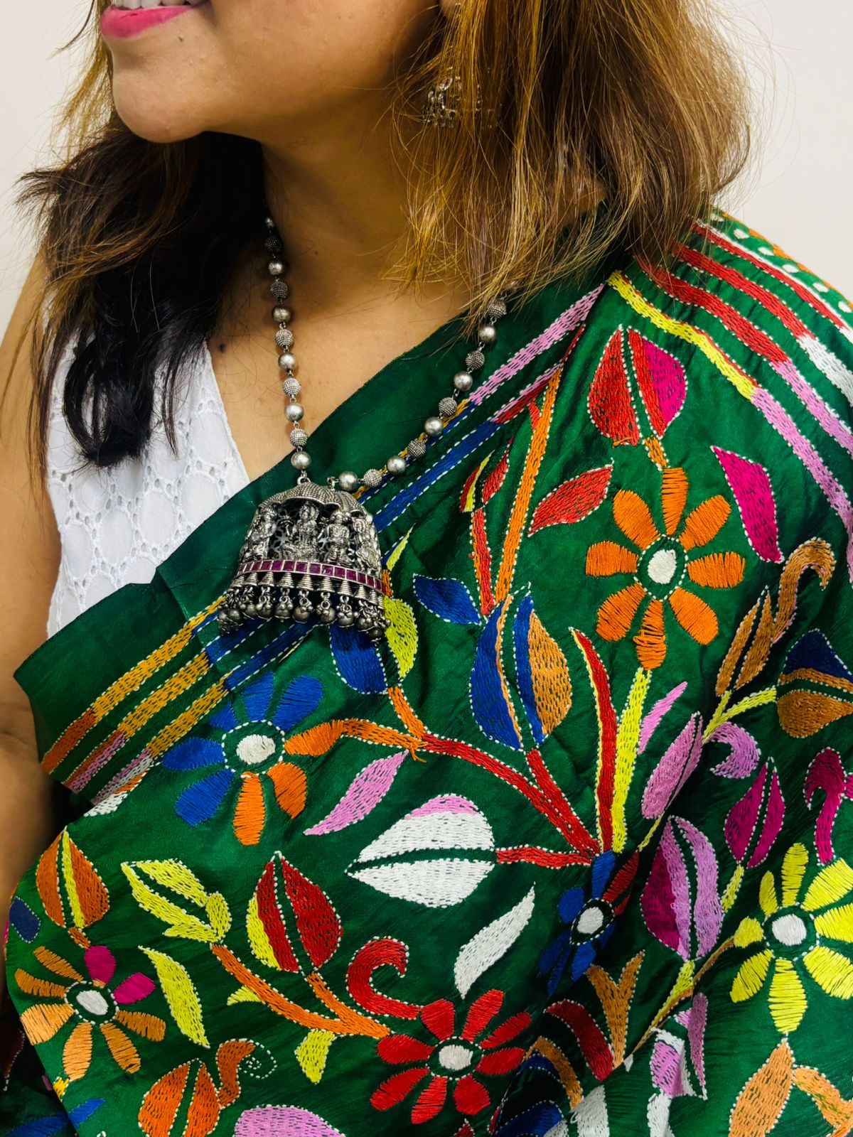 Green Hand Embroidered Kantha Pure Bangalore Silk Saree - Luxurion World