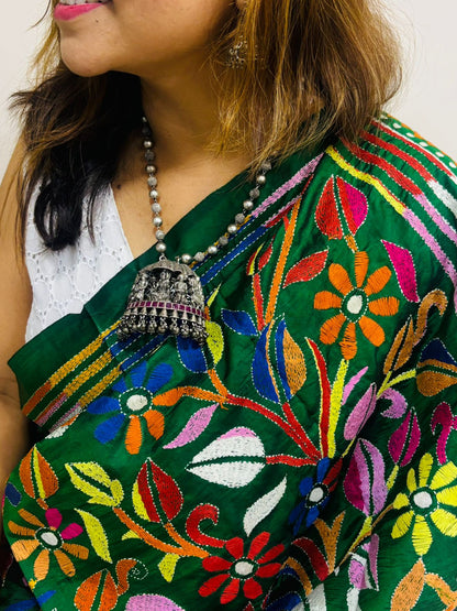 Green Hand Embroidered Kantha Pure Bangalore Silk Saree - Luxurion World