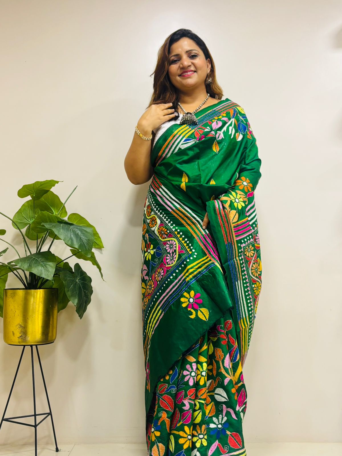 Green Hand Embroidered Kantha Pure Bangalore Silk Saree - Luxurion World