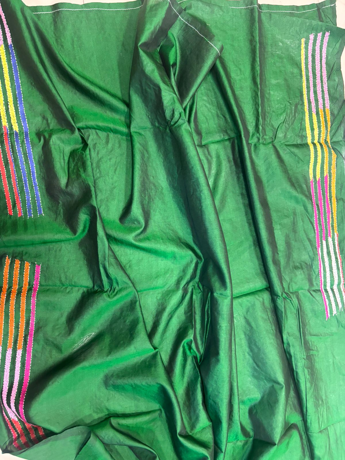 Green Hand Embroidered Kantha Pure Bangalore Silk Saree - Luxurion World
