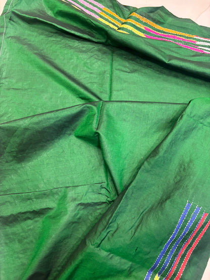 Green Hand Embroidered Kantha Pure Bangalore Silk Saree - Luxurion World