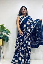 Blue Hand Embroidered Kantha Pure Bangalore Silk Saree - Luxurion World