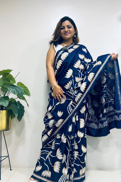 Blue Hand Embroidered Kantha Pure Bangalore Silk Saree - Luxurion World
