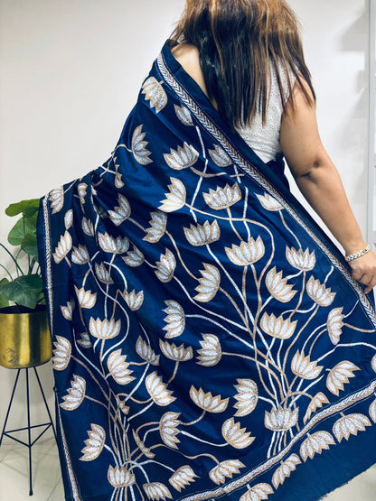 Blue Hand Embroidered Kantha Pure Bangalore Silk Saree - Luxurion World