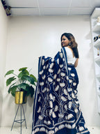 Blue Hand Embroidered Kantha Pure Bangalore Silk Saree - Luxurion World