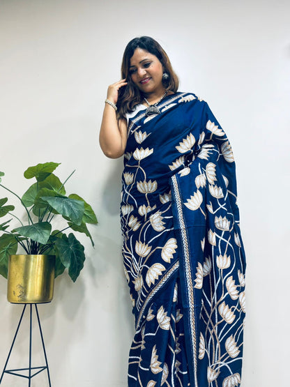 Blue Hand Embroidered Kantha Pure Bangalore Silk Saree - Luxurion World
