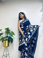 Blue Hand Embroidered Kantha Pure Bangalore Silk Saree - Luxurion World