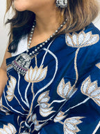 Blue Hand Embroidered Kantha Pure Bangalore Silk Saree - Luxurion World