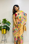 Yellow Hand Embroidered Kantha Pure Bangalore Silk Saree - Luxurion World