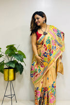 Yellow Hand Embroidered Kantha Pure Bangalore Silk Saree - Luxurion World