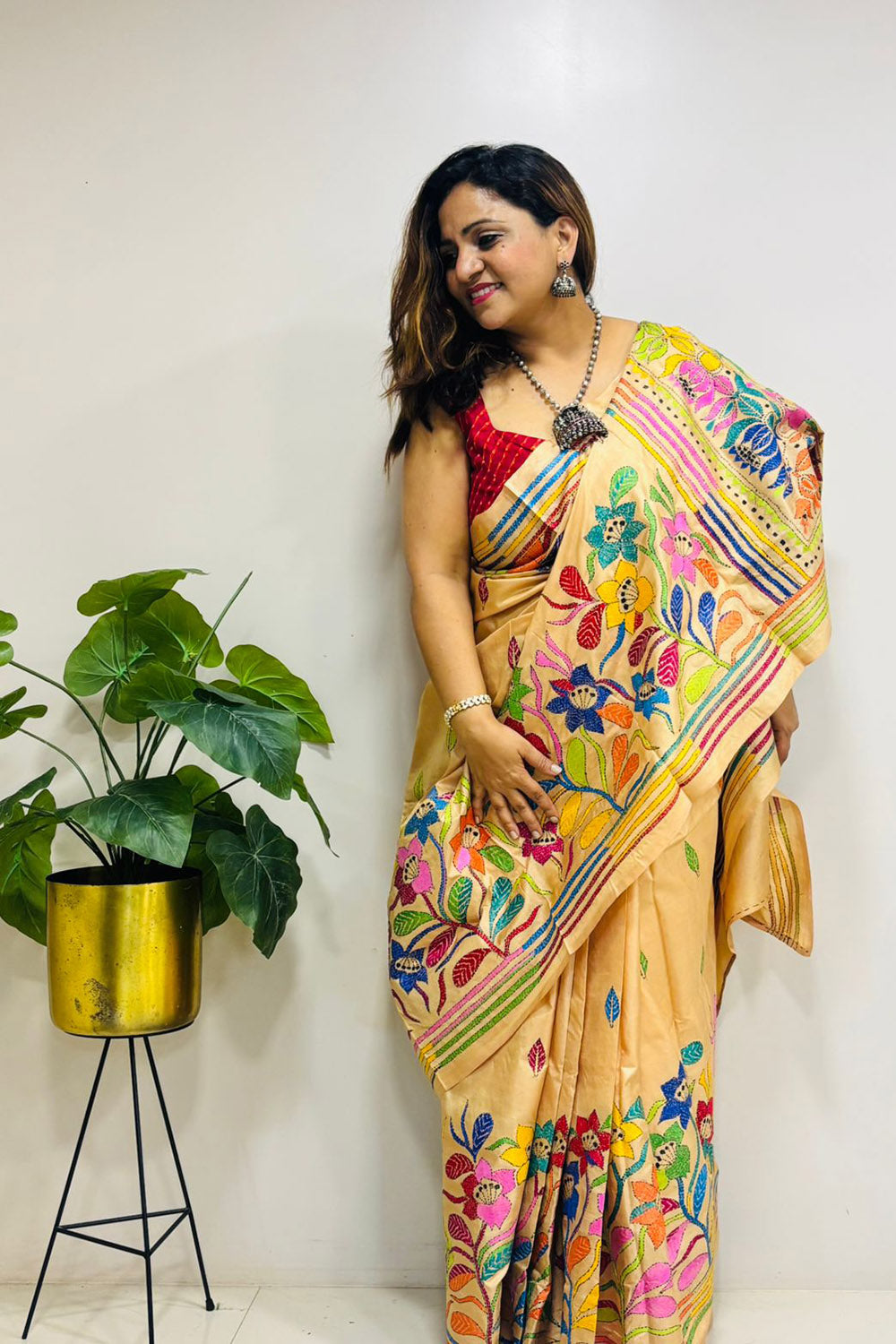 Yellow Hand Embroidered Kantha Pure Bangalore Silk Saree - Luxurion World