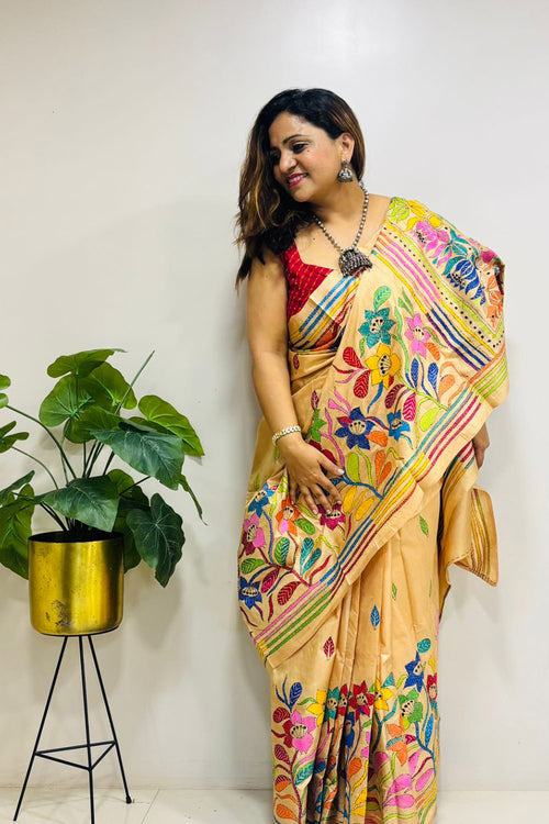 Yellow Hand Embroidered Kantha Pure Bangalore Silk Saree - Luxurion World