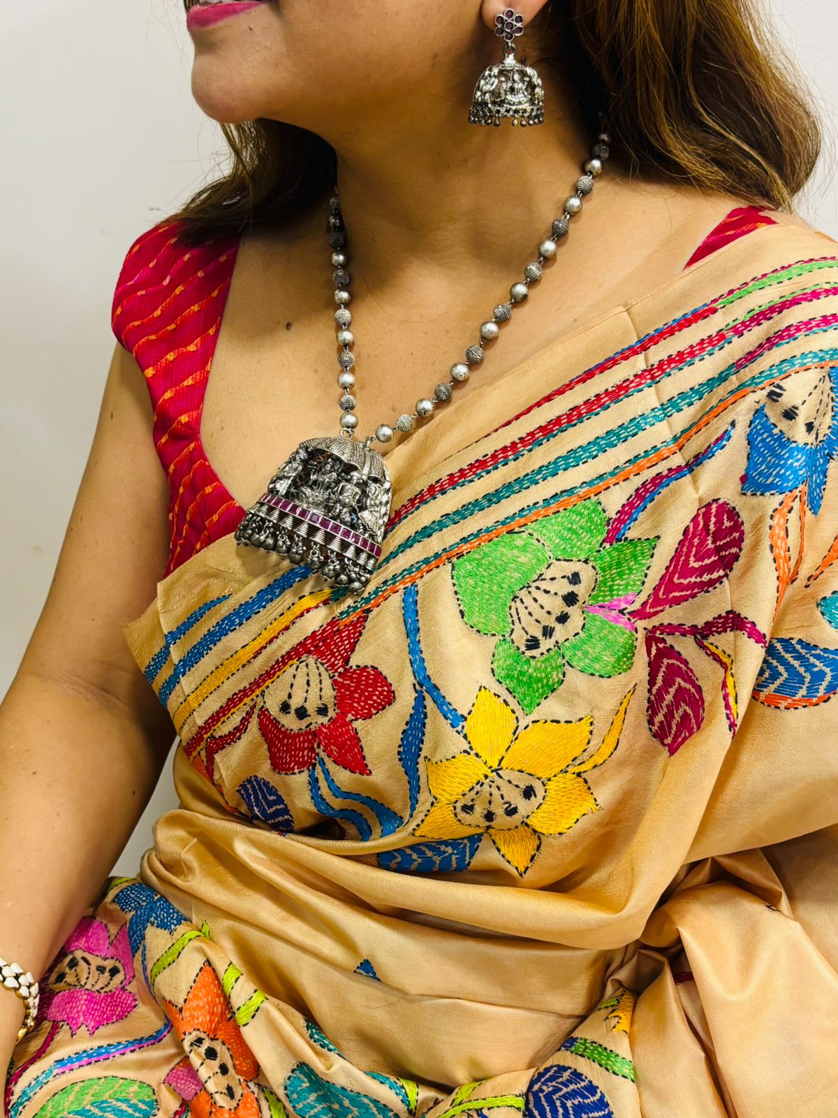 Yellow Hand Embroidered Kantha Pure Bangalore Silk Saree - Luxurion World