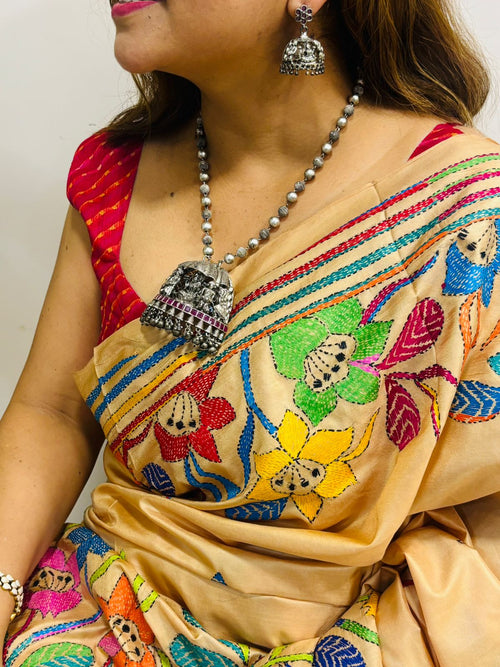 Yellow Hand Embroidered Kantha Pure Bangalore Silk Saree - Luxurion World