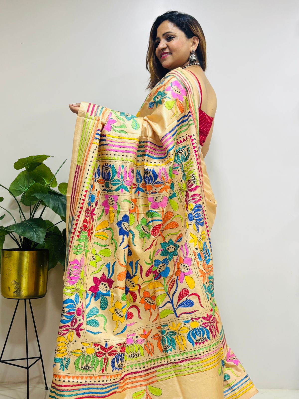 Yellow Hand Embroidered Kantha Pure Bangalore Silk Saree - Luxurion World