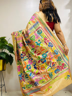 Yellow Hand Embroidered Kantha Pure Bangalore Silk Saree - Luxurion World