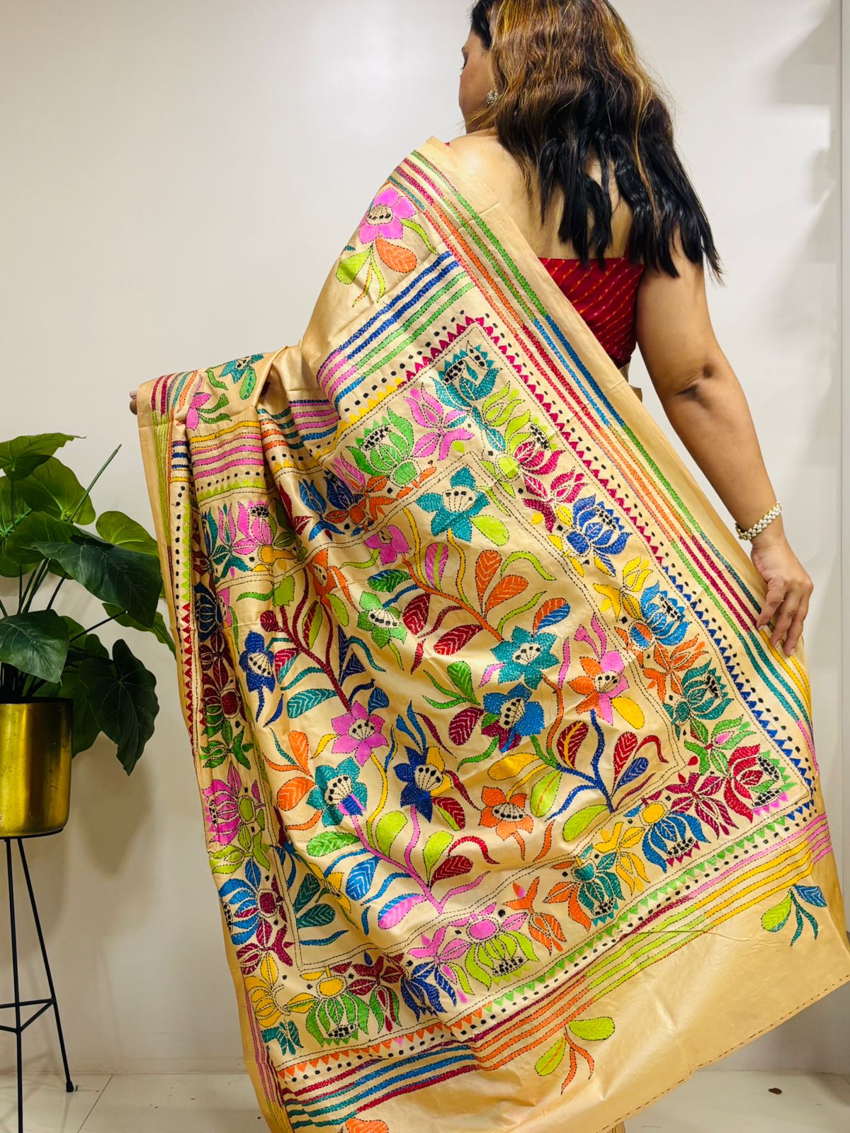 Yellow Hand Embroidered Kantha Pure Bangalore Silk Saree - Luxurion World