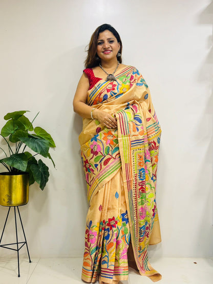 Yellow Hand Embroidered Kantha Pure Bangalore Silk Saree - Luxurion World