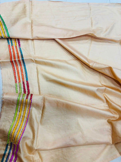 Yellow Hand Embroidered Kantha Pure Bangalore Silk Saree - Luxurion World