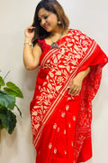 Red Hand Embroidered Kantha Pure Bangalore Silk Saree - Luxurion World