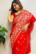 Red Hand Embroidered Kantha Pure Bangalore Silk Saree - Luxurion World