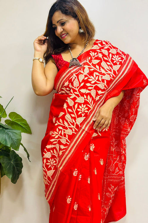 Red Hand Embroidered Kantha Pure Bangalore Silk Saree - Luxurion World