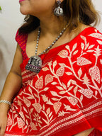 Red Hand Embroidered Kantha Pure Bangalore Silk Saree - Luxurion World