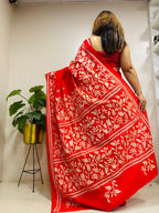 Red Hand Embroidered Kantha Pure Bangalore Silk Saree - Luxurion World