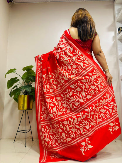 Red Hand Embroidered Kantha Pure Bangalore Silk Saree - Luxurion World