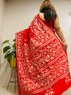 Red Hand Embroidered Kantha Pure Bangalore Silk Saree - Luxurion World