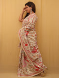 Off White Hand Embroidered Kantha Pure Tussar Silk Saree - Luxurion World