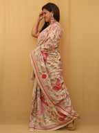 Off White Hand Embroidered Kantha Pure Tussar Silk Saree - Luxurion World