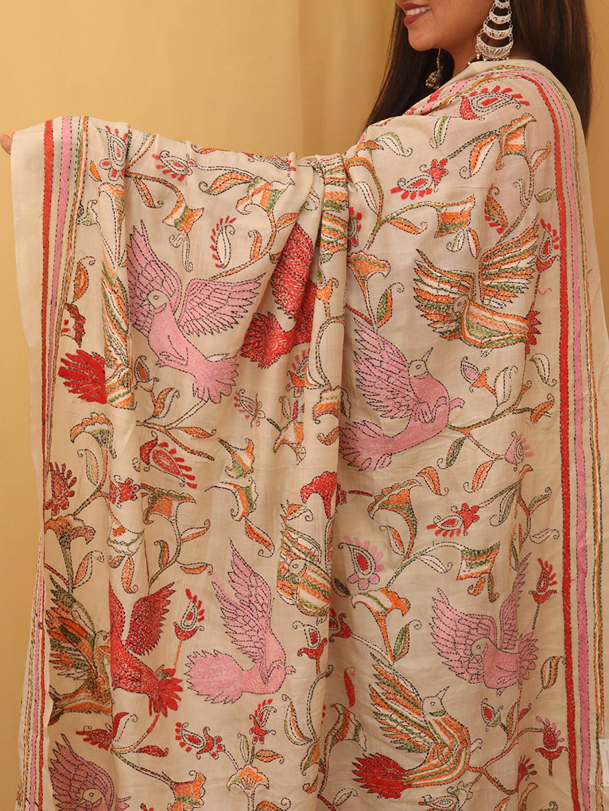 Off White Hand Embroidered Kantha Pure Tussar Silk Saree - Luxurion World