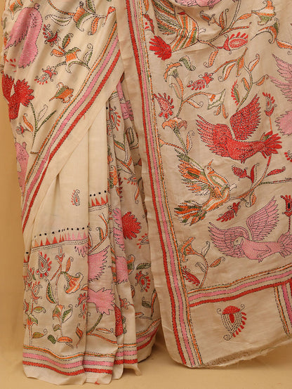 Off White Hand Embroidered Kantha Pure Tussar Silk Saree - Luxurion World