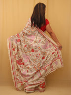 Off White Hand Embroidered Kantha Pure Tussar Silk Saree - Luxurion World