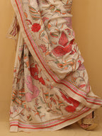 Off White Hand Embroidered Kantha Pure Tussar Silk Saree - Luxurion World