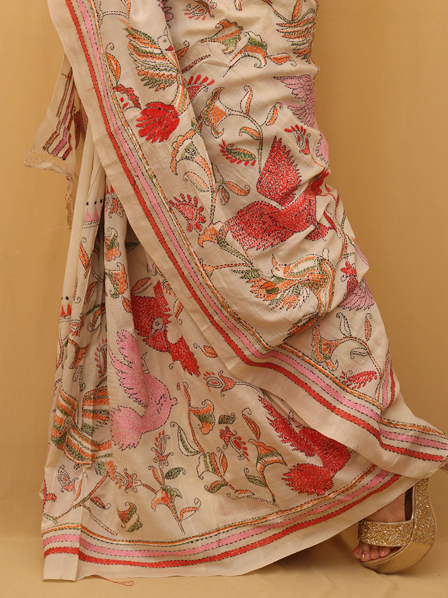Off White Hand Embroidered Kantha Pure Tussar Silk Saree - Luxurion World