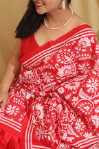 Exquisite Red Hand Embroidered Kantha Work Bangalore Silk Saree - Luxurion World