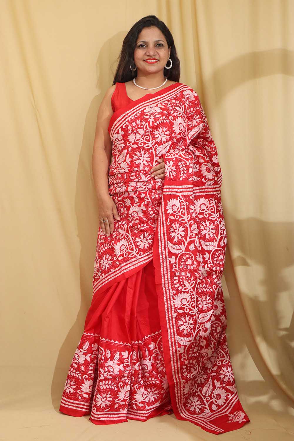 Exquisite Red Hand Embroidered Kantha Work Bangalore Silk Saree - Luxurion World