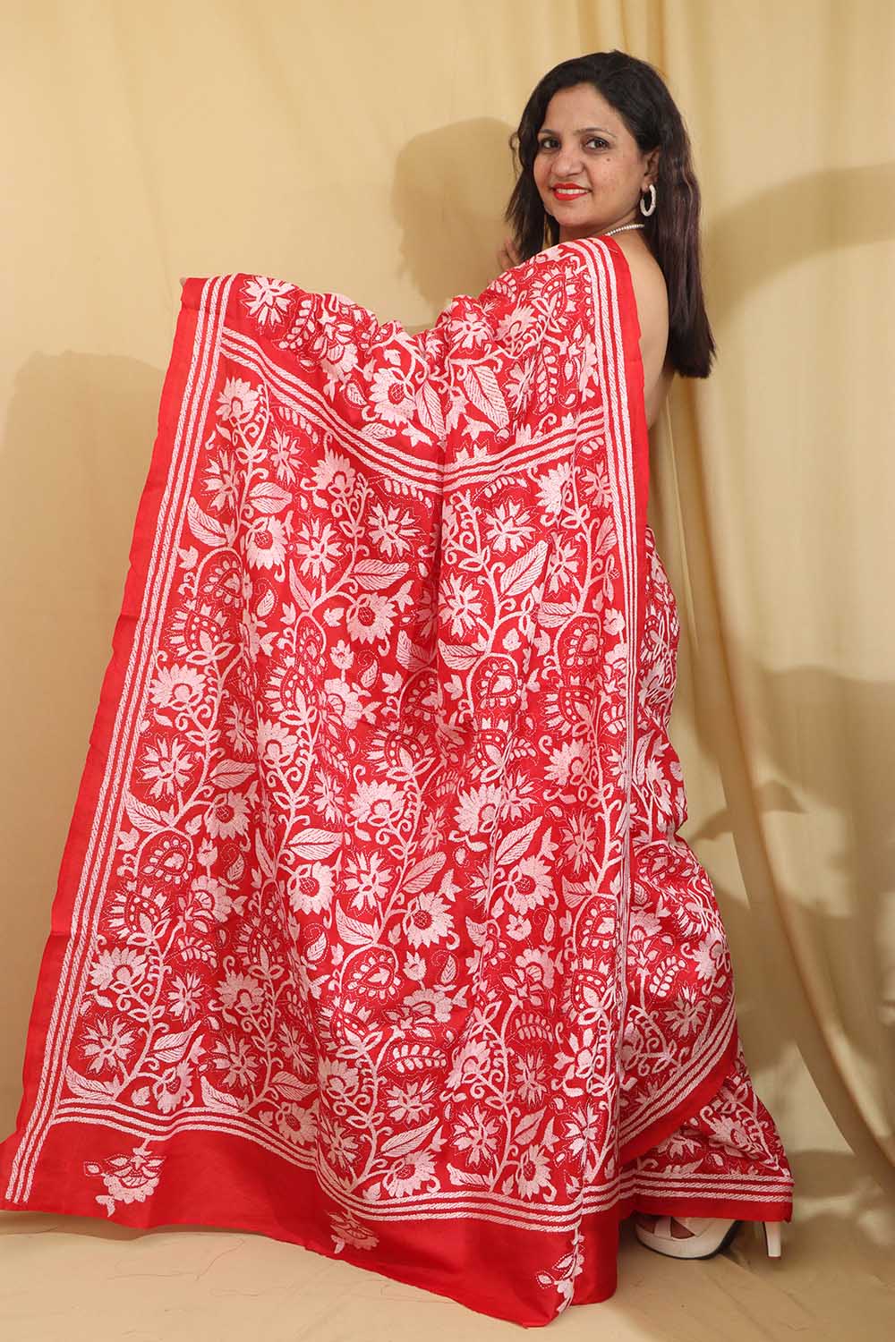 Exquisite Red Hand Embroidered Kantha Work Bangalore Silk Saree - Luxurion World