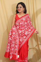 Exquisite Red Hand Embroidered Kantha Work Bangalore Silk Saree - Luxurion World