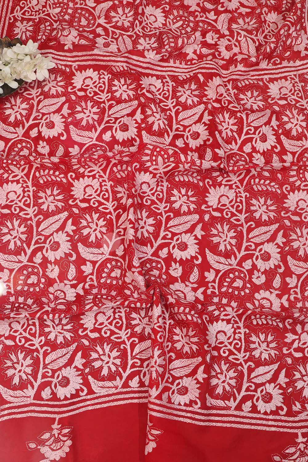 Exquisite Red Hand Embroidered Kantha Work Bangalore Silk Saree - Luxurion World