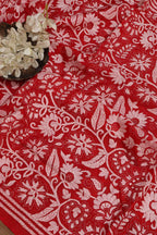 Exquisite Red Hand Embroidered Kantha Work Bangalore Silk Saree - Luxurion World
