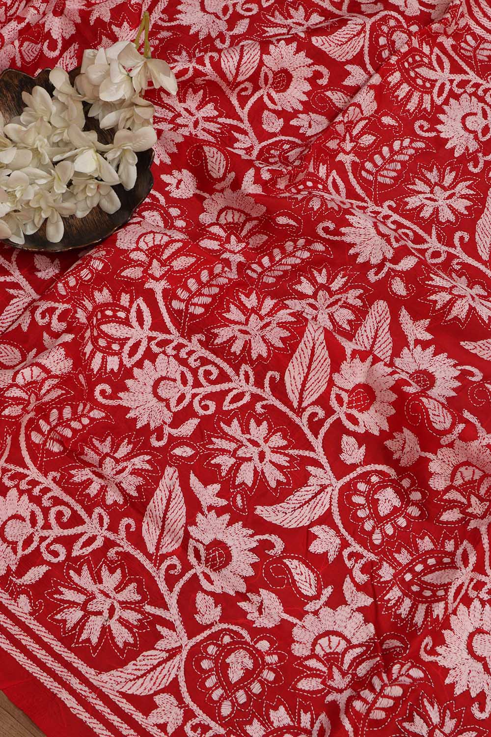 Exquisite Red Hand Embroidered Kantha Work Bangalore Silk Saree - Luxurion World