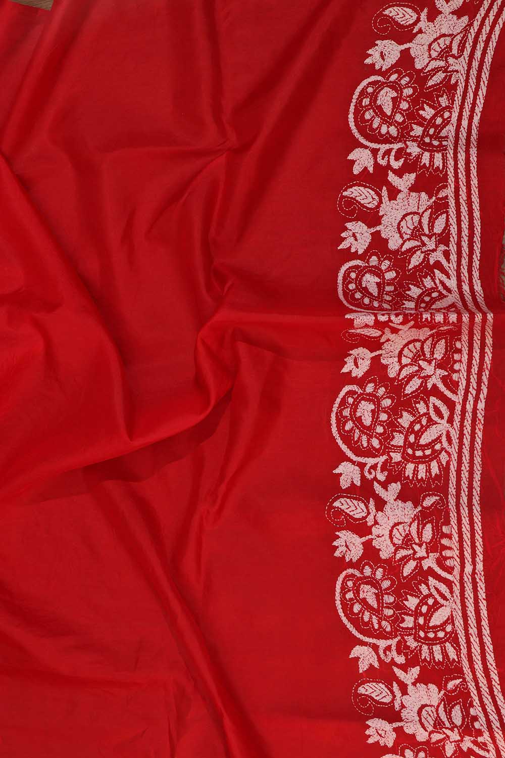 Exquisite Red Hand Embroidered Kantha Work Bangalore Silk Saree - Luxurion World