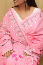 Hand Embroidered Pink Kantha Cotton Saree - Luxurion World