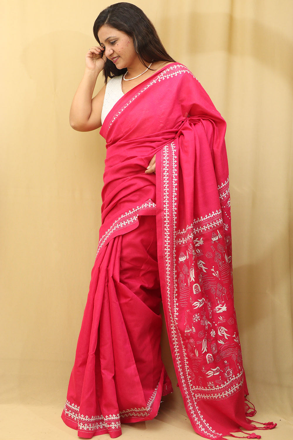 Hand Embroidered Pink Kantha Cotton Saree - Luxurion World