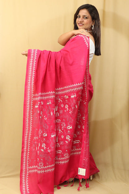 Hand Embroidered Pink Kantha Cotton Saree - Luxurion World