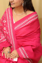 Hand Embroidered Pink Kantha Cotton Saree - Luxurion World