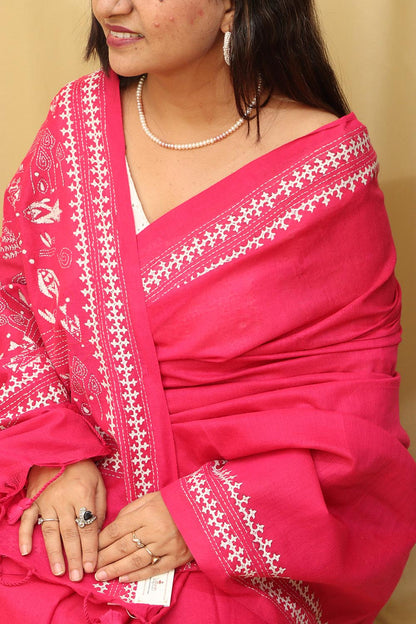 Hand Embroidered Pink Kantha Cotton Saree - Luxurion World